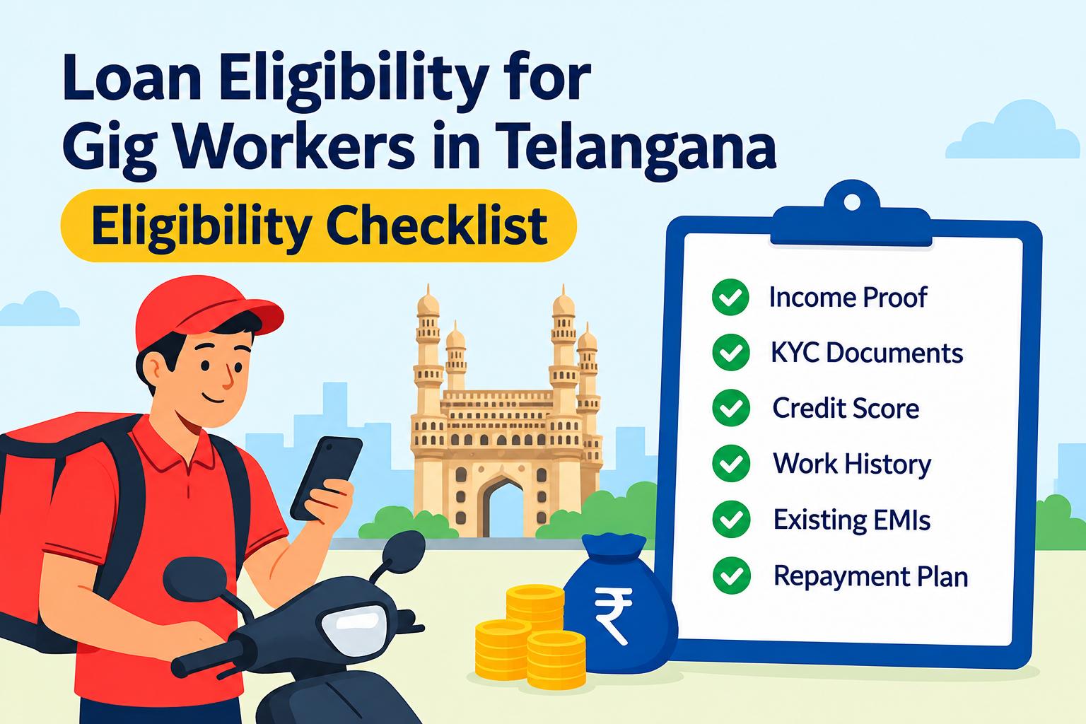 Loan Eligibility for Gig Workers in Telangana – Simple Eligibility Checklist Covering Income Proof, KYC Documents, Credit Score, Work History, Existing EMIs, and Repayment Planning for Gig Workers.